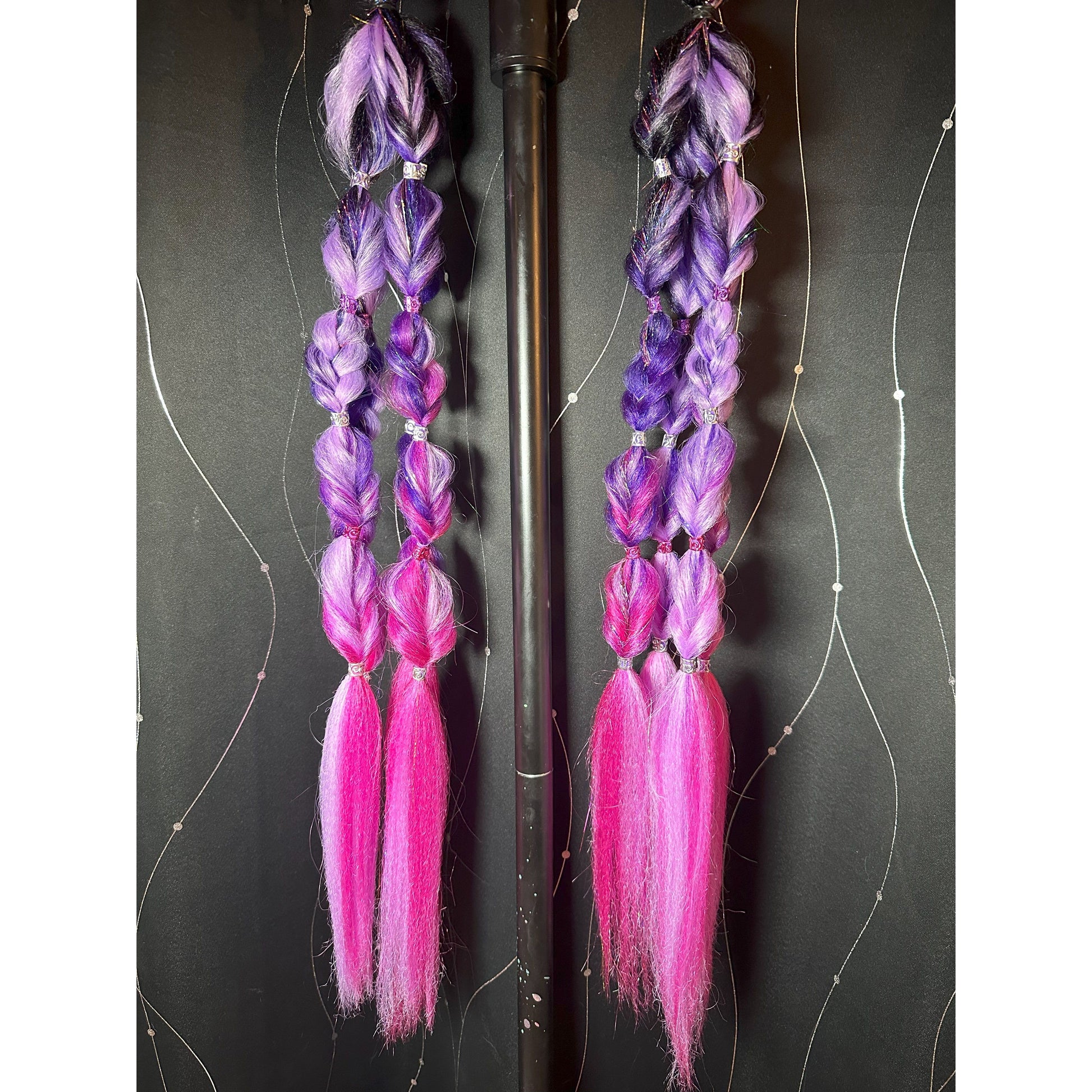 28 inches long, 4 pieces per pony, 2 ponytails. Dark Purple ombre with Lavender, Hot Pink & Rainbow Tinsel, Multicolor Hair Charms