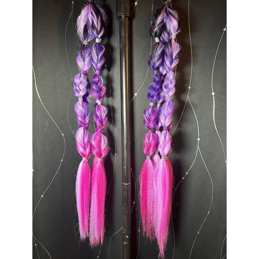 28 inches long, 4 pieces per pony, 2 ponytails. Dark Purple ombre with Lavender, Hot Pink & Rainbow Tinsel, Multicolor Hair Charms