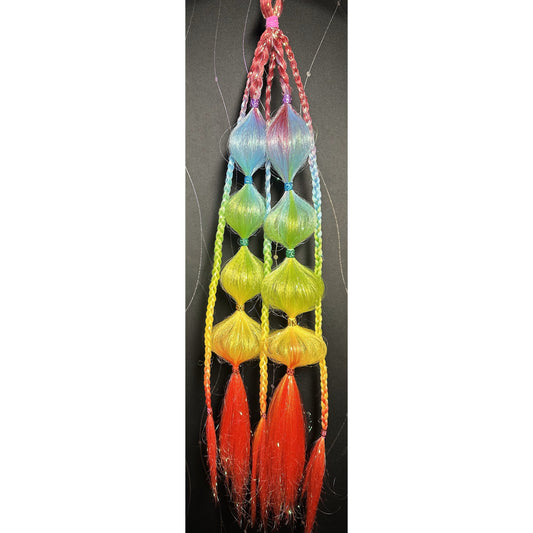 This handmade set by Brianna is 28 inches long, 6 pieces in this single pony. Dark Purple ombre with Lavender, Hot Pink & Rainbow Tinsel, Multicolor Hair Charms.