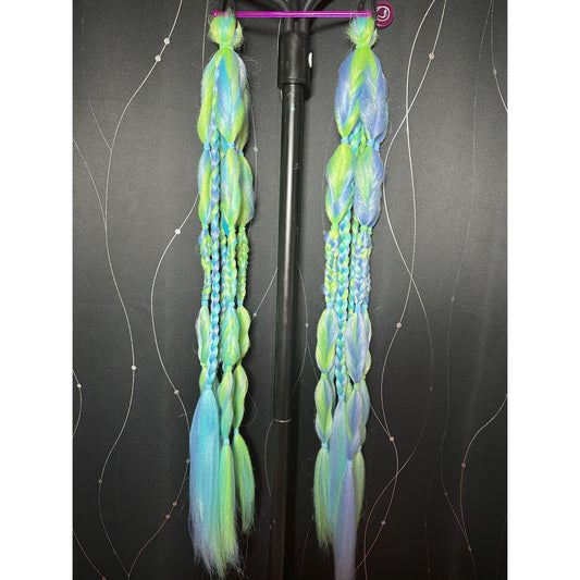 26 inches long, 6 pieces per pony, 2 ponytails. Neon green ombre with sky blue and teal hair, loops, braids and fishtails!