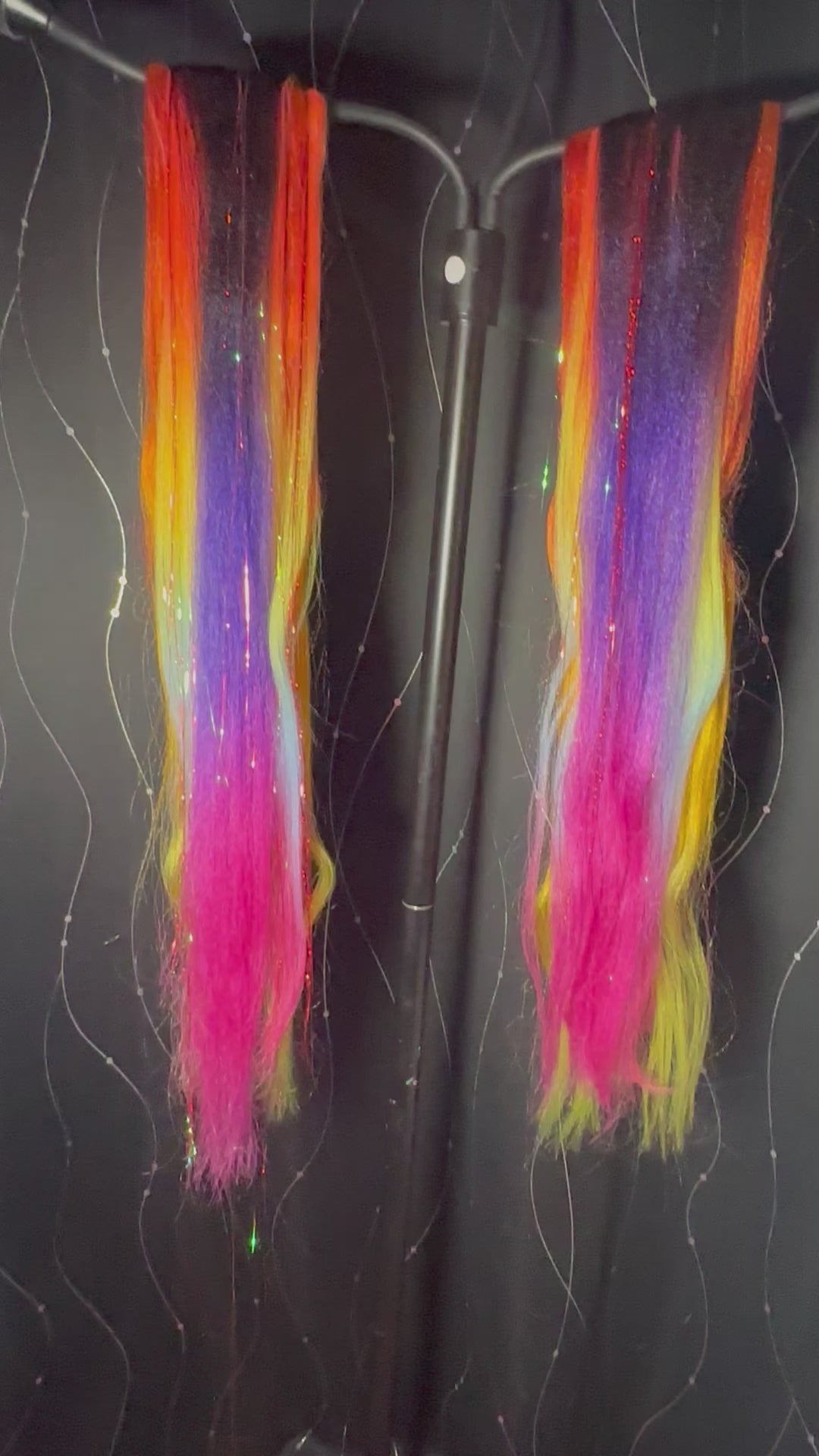 Halloween Madness Intro Video - 25 inches long, 6 pieces per pony, 2 ponytails. Red/Orange/Yellow Ombre, Rainbow Ombre Hair + Orange Iridescent Tinsel, Red Tinsel, Pink Iridescent Tinsel