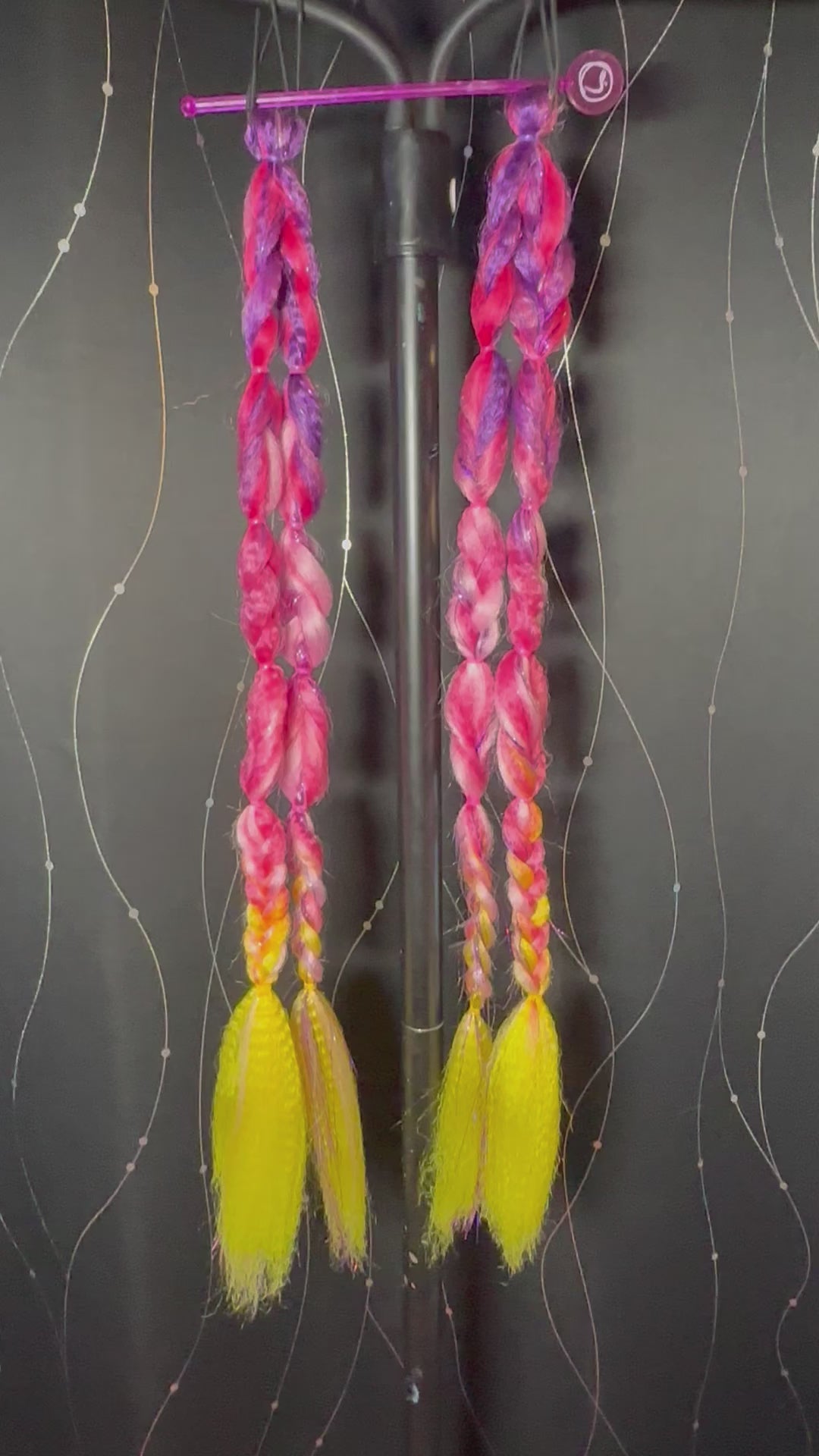 Sunrise Vibe Tail - This handmade set by Jessica is 23 inches long, 2 pieces per pony, 2 ponytails - Purple, Hot Pink, Light Pink and Neon Yellow ombre with loops, braids and crimped ends.
