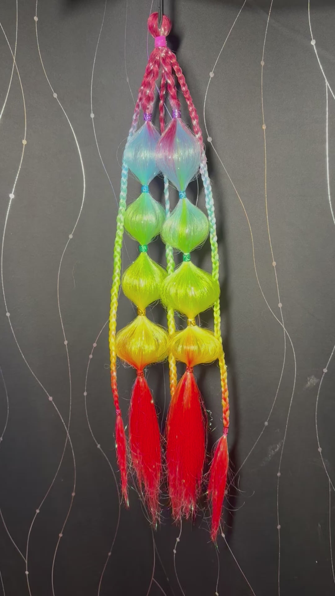 Rainbow Dream Vibe Tail - This handmade set by Brianna is 28 inches long, 6 pieces in this single pony. Dark Purple ombre with Lavender, Hot Pink & Rainbow Tinsel, Multicolor Hair Charms.