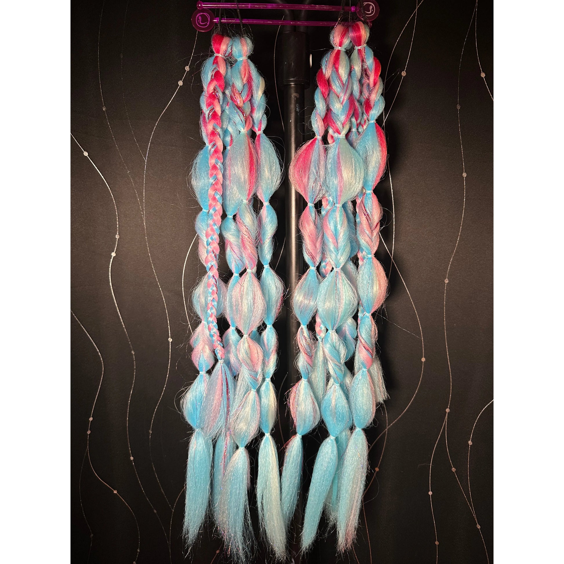 Cotton Candy Vibe Tail - 26 inches long, 6 pieces per pony, 2 ponytails - Hot Pink, Light Blue ombre hair with braids, bubbles and twists!