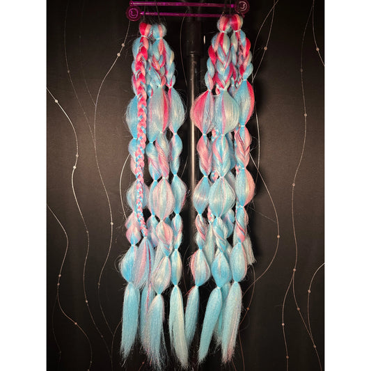 Cotton Candy Vibe Tail - 26 inches long, 6 pieces per pony, 2 ponytails - Hot Pink, Light Blue ombre hair with braids, bubbles and twists!