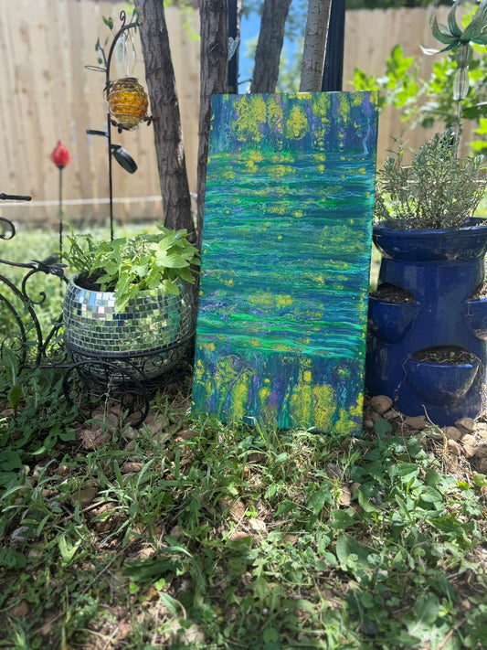 Painting with blue, green, yellow abstract style