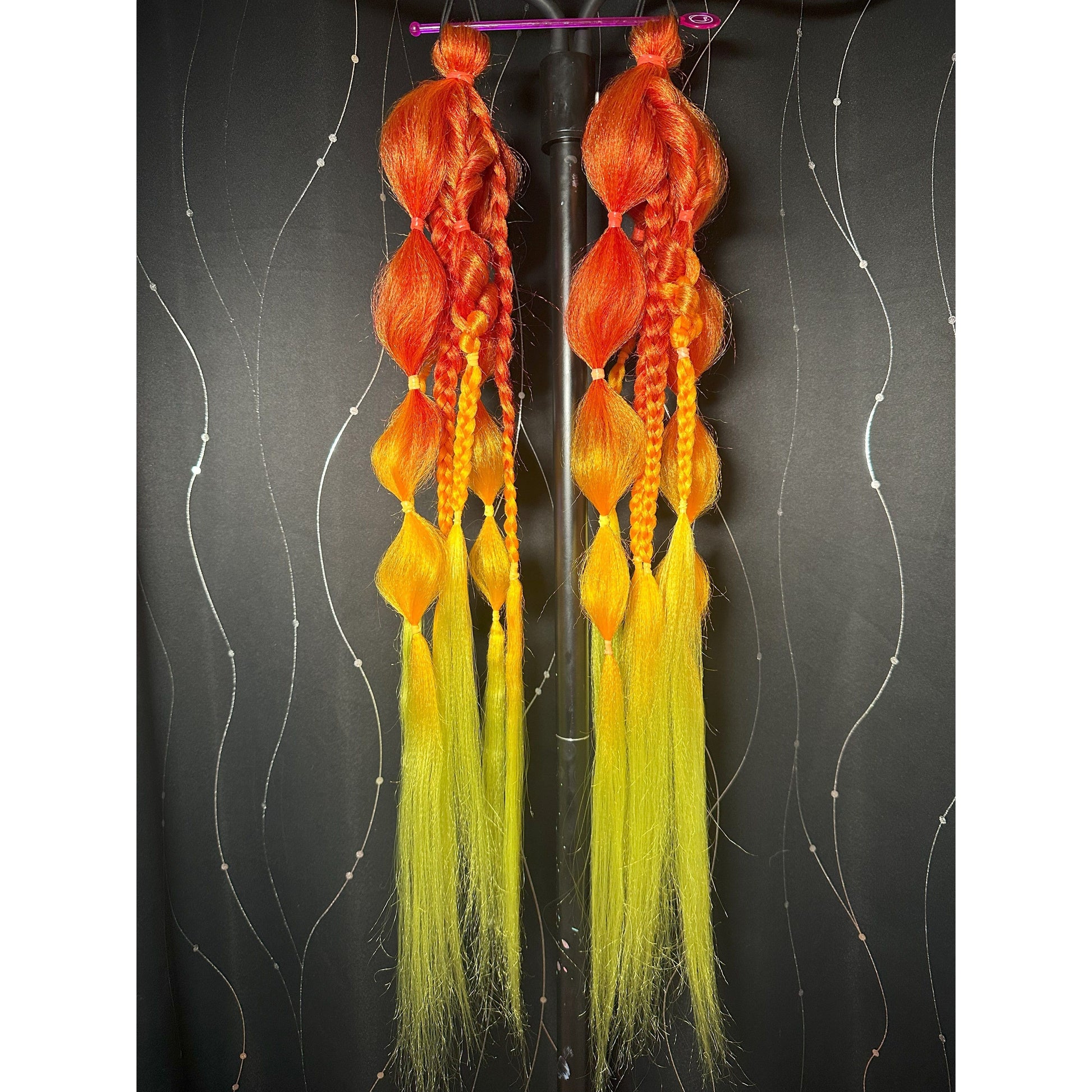 Fire Engine Vibe Tail - 28 inches long, 6 pieces per pony, 2 ponytails - Orange to Neon Yellow Ombre with bubble poofs, braids, hair knots and twists!