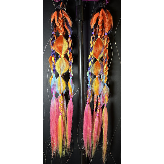 25 inches long, 6 pieces per pony, 2 ponytails. Red/Orange/Yellow Ombre, Rainbow Ombre Hair + Orange Iridescent Tinsel, Red Tinsel, Pink Iridescent Tinsel