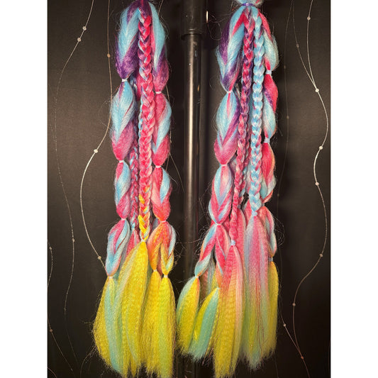 Mermaid Sun Vibe Tail - 22 inches long, 7 pieces per pony, 2 ponytails - Purple, Light Blue, Pink, Neon Yellow ombre hair with twists, braids and crimped ends!