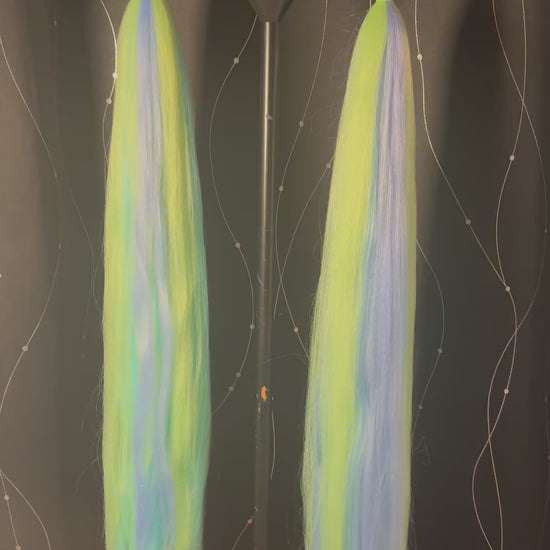 Space Cadet Vibe Tail Intro Video - 26 inches long, 6 pieces per pony, 2 ponytails. Neon green ombre with sky blue and teal hair, loops, braids and fishtails!