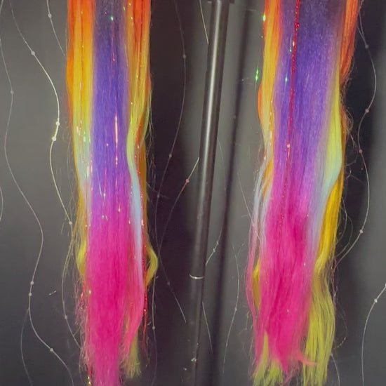 Halloween Madness Intro Video - 25 inches long, 6 pieces per pony, 2 ponytails. Red/Orange/Yellow Ombre, Rainbow Ombre Hair + Orange Iridescent Tinsel, Red Tinsel, Pink Iridescent Tinsel