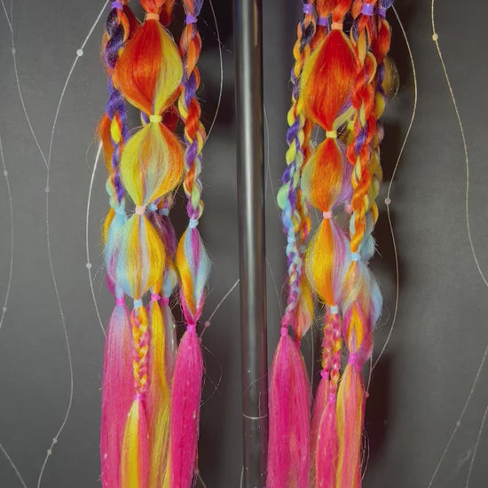 Halloween Madness Finished Video - 25 inches long, 6 pieces per pony, 2 ponytails. Red/Orange/Yellow Ombre, Rainbow Ombre Hair + Orange Iridescent Tinsel, Red Tinsel, Pink Iridescent Tinsel