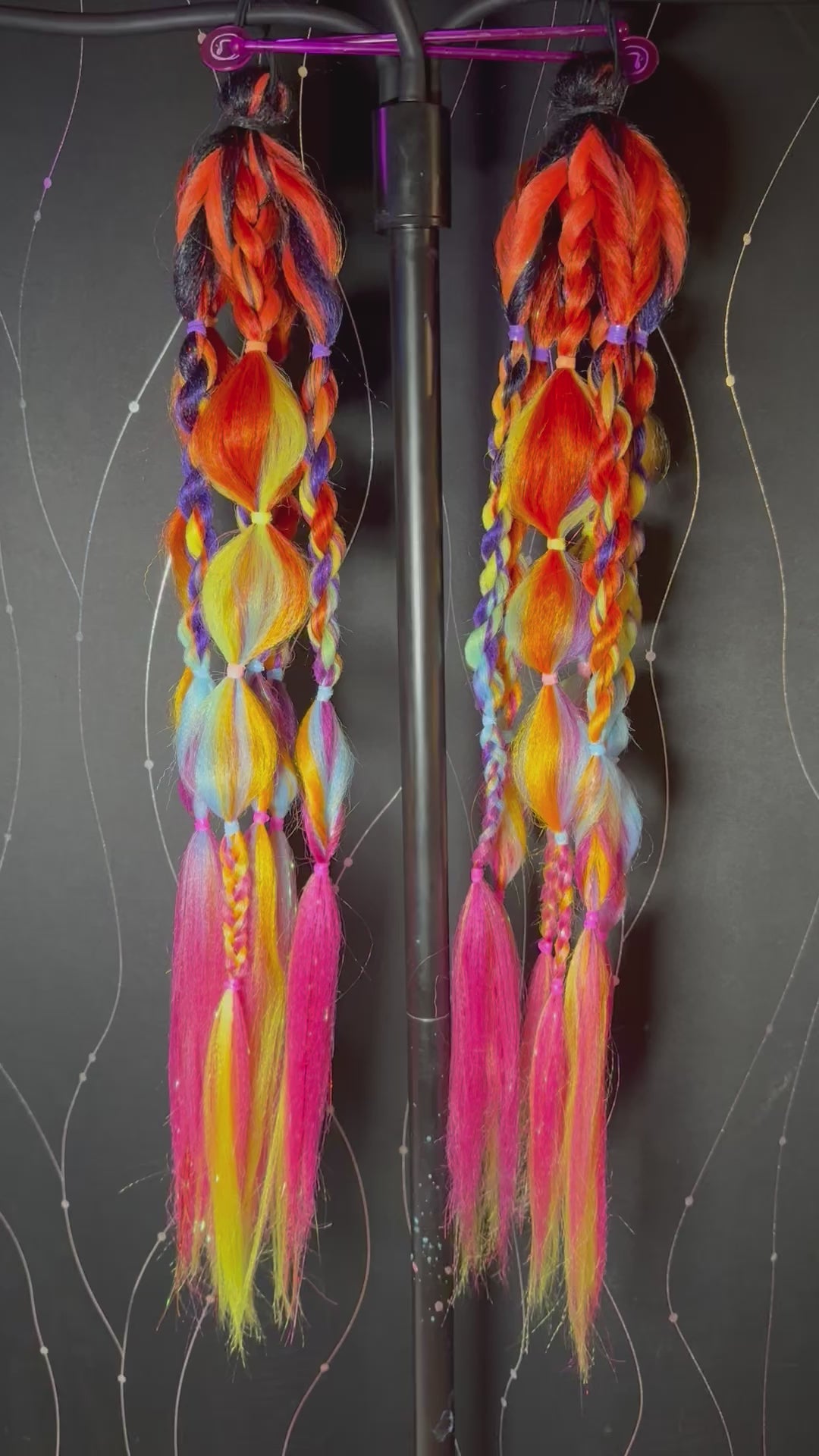 Halloween Madness Finished Video - 25 inches long, 6 pieces per pony, 2 ponytails. Red/Orange/Yellow Ombre, Rainbow Ombre Hair + Orange Iridescent Tinsel, Red Tinsel, Pink Iridescent Tinsel