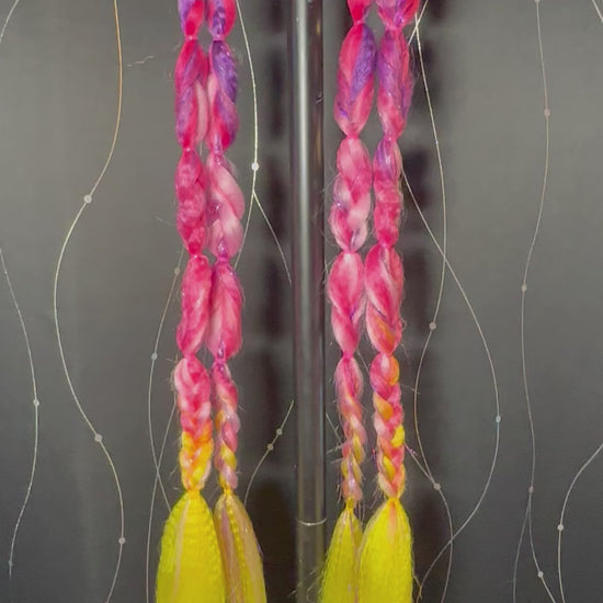 Sunrise Vibe Tail - This handmade set by Jessica is 23 inches long, 2 pieces per pony, 2 ponytails - Purple, Hot Pink, Light Pink and Neon Yellow ombre with loops, braids and crimped ends.