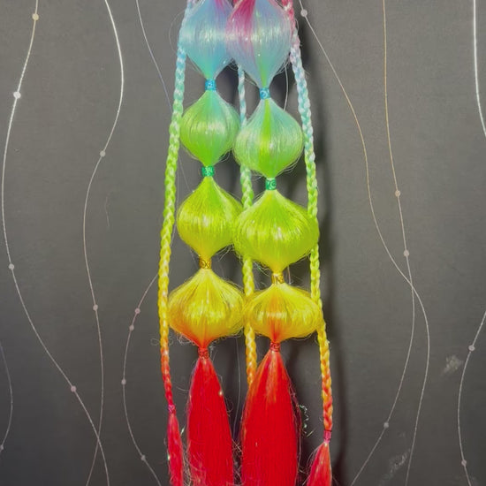 Rainbow Dream Vibe Tail - This handmade set by Brianna is 28 inches long, 6 pieces in this single pony. Dark Purple ombre with Lavender, Hot Pink &amp; Rainbow Tinsel, Multicolor Hair Charms.